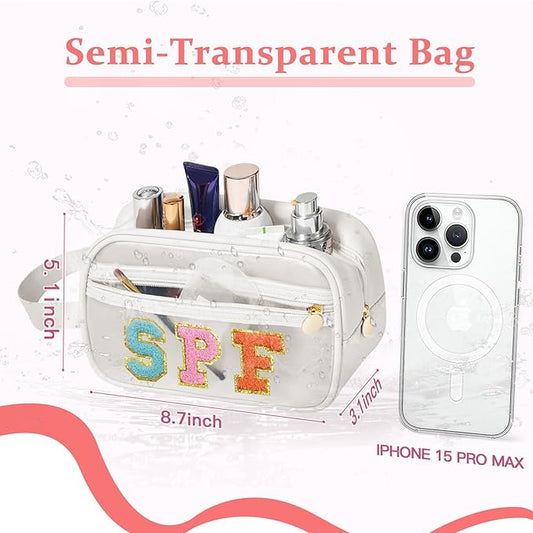 COSHAYSOO Clear SPF Makeup Bag Sunscreen Zipper Pouch Waterproof Toiletry Chenille Letter Purse, Summer Beach Vacation Essentials Stuff Preppy Travel Trip Easter Birthday Gifts for Women Teens