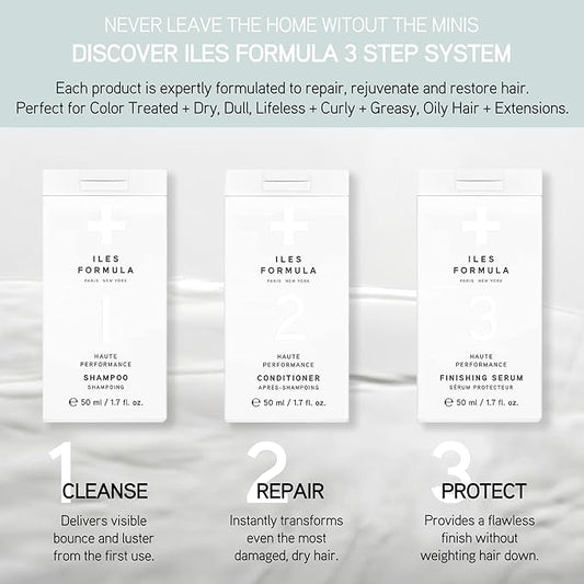 ILES FORMULA Mini Signature Collection – Moisturizing Travel Shampoo & Conditioner w/Mini Finishing Serum Blow Dry Cream for Dry, Damaged, Frizzy Hair - Salon Grade Anti-Frizz Hydrating Hair Care Set