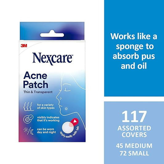 Nexcare Thin and Transparent Acne Patch, Skin Cover Absorbs Pus and Oil from Clogged Pores, Made with hydrocolloid, tab Allows for Easy Removal from Liner - 117 Pimple Patches