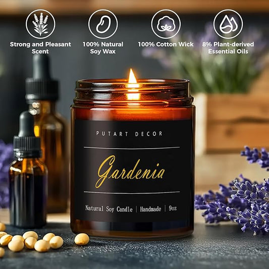 Gardenia Scented Candles for Home, 9oz Natural Soy Wax Aromatherapy Organic Santal Candle for Stress Relief, Long Burning & Lasting Jar Candle Gifts for Birthday, Housewarmings, Thanksgiving