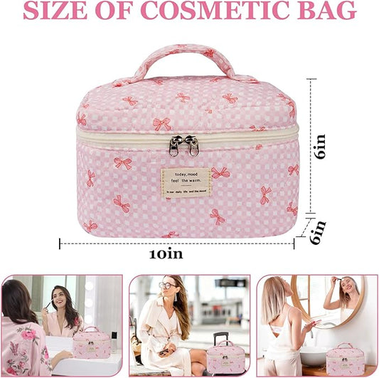 Large Makeup Bag, Cute Cosmetic Bag for Women Girls, Floral Coquette Aesthetic Toiletry Bag, Travel Make Up Organizer Bag (Pink Butterfly)