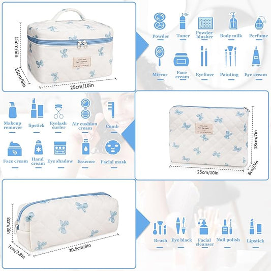 3PC Makeup Bag Set, Quilted Makeup Bag, Large Floral Cosmetic Bag for Women, Cute Cotton Makeup Bags, Flower Travel Toiletry Organizer Bag (White and Blue Bow)