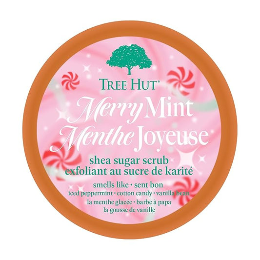 Tree Hut Merry Mint Shea Sugar Scrub, Exfoliating & Hydrating Body Scrub with Shea Butter & Essential Oils, Smooth Skin, For All Skin Types, Holiday Gift & Stocking Stuffer, Vegan, 18 oz