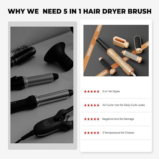 6 in ONE Blow Dryer Brush,Air Curling Iron Round Brush Blow Dryer 800W,Ionic Hair Dryer Brush for Women, Hot Air Brush Hair Styling Tools 100-120V