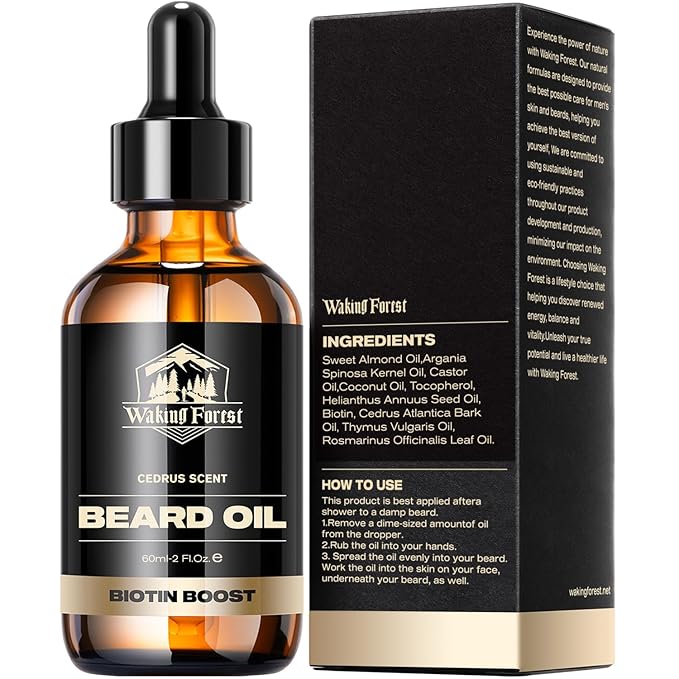 Waking Forest Cedar Beard Oil for Men - Biotin Mustache Oil with Vitamin E, Rosemary & Castor - Beard Care Softener, Strengthens, and Moisturizes - Beard Conditioner (2 oz)