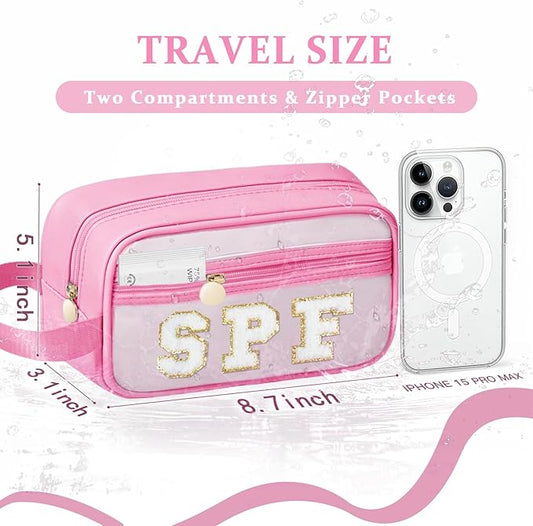 COSHAYSOO Clear Sunscreen Bag Makeup Toiletries Pouch Beach Vacation Essentials Summer Travel Stuff Accessories Personalized Graduation Gifts for Her Women College Teen Girls Teacher Nurse Pink SPF