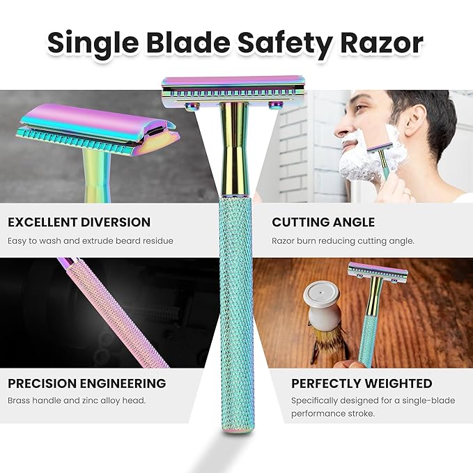Safety Razor For Man With 10 Premium Stainless Steel Razor Blade Reusable Single Blade Razors For Men and Women, Double Edge Razor, Rainbow