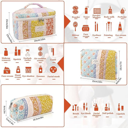 Makeup Bag Set, Quilted Makeup Bag, Large Floral Cosmetic Bag for Women, Cute Cotton Makeup Bag, Flower Travel Toiletry Organizer Bag(Color-Coded Floral)