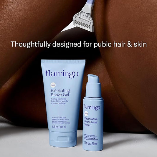 Flamingo Pubic Hair Razor for Women, Shaving Kit, 1 Razor, Exfoliating Shaving Gel 5 fl oz - Restorative Post Shave Serum 1.7 fl oz, Starter Set, Full Kit
