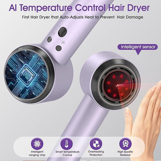 Ionic Hair Dryer with Auto-Adjusting Sensor,AI Hair Dryer with Magnetic Diffuser,100000 RPM High-Speed Hair Blow Dryer for Fast Drying,Compact Blow Dryer with 500M Plasma,Hair Dryers for Women(Purple)