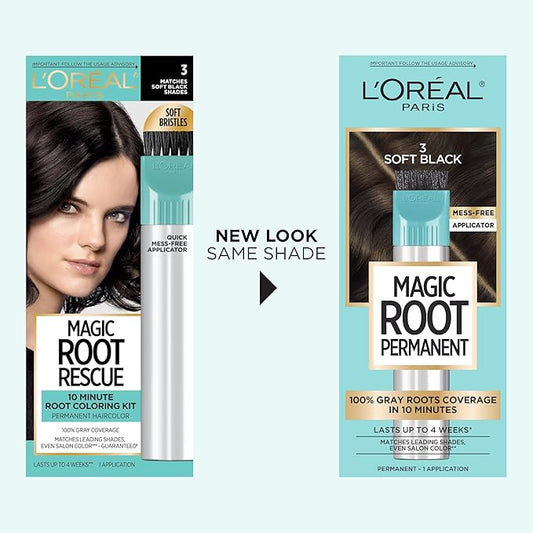 L'Oreal Paris Magic Root Rescue 10 Minute Root Hair Coloring Kit, Permanent Hair Color with Quick Precision Applicator, 100 percent Gray Coverage, 3 Soft Black, 2 count
