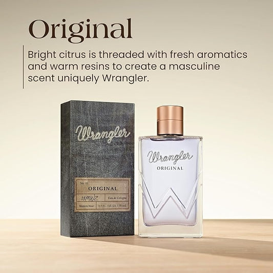 Wrangler Original Men’s Cologne by Tru Western, 2.5oz, Grapefruit, Mandarin, Cinnamon, Lavender, Fresh Aromatic, Citrus & Earthy Scent, Masculine Fragrance