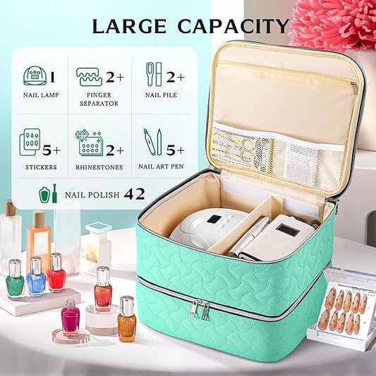 DreamGenius Nail Polish Organizer Case Holds 42 Bottles, Portable Double-Layer Nail Polish Storage Bag with Adjustable Dividers for Manicure Tools, Green