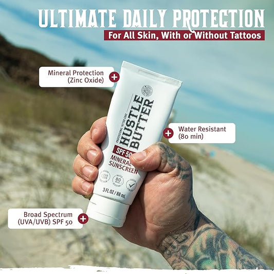 Hustle Butter Tattoo Aftercare Sunscreen - Tattoo Sunscreen Lotion - Fade Protection, SPF 50, Hydrating with Shea Butter & Coconut Oil, TSA-Friendly, Water Resistant, Non-Greasy, 3 oz