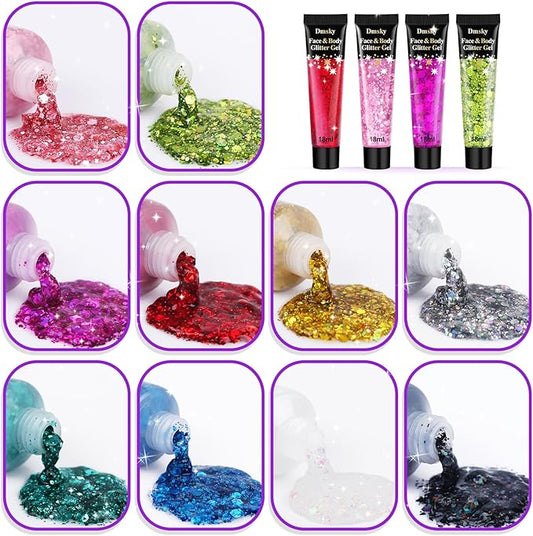 10 Colors Body Glitter,Face Glitter Makeup for Kids Women,Sparkly Chunky Hair Glitter for Eye Lip Hair Nails,Mardi Gras Glitter Makeup Face Paint,Singer Concerts Disco Rave Festival Accessories
