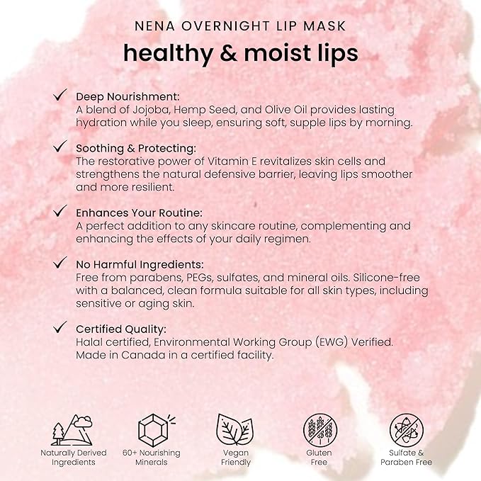 NENA Skincare Overnight Lip Mask - Lip Mask for Women - Deeply Hydrates with Natural Minerals, Nourishing Oils and Butters - Non-Sticky - 0.5 oz.