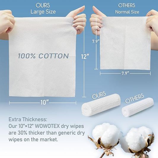 100% Cotton Disposable Face Towel 100 Count 10x12 Inch | Biodegradable Thick Soft One Time Use Dry Wipes for Sensitive Skin, Baby Care, Facial Cleaning, Makeup Removal
