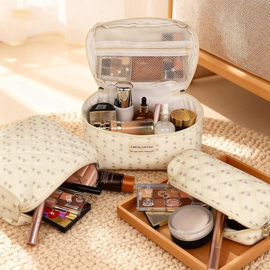 Quilted Makeup Bag, Large Floral Cosmetic Bag for Women, Cute Cotton Makeup Bag, Flower Travel Toiletry Organizer Bag (Flower)