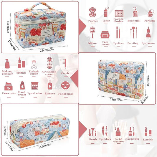 3pc Makeup Bag Set, Quilted Makeup Bag Set, Large Floral Cosmetic Bag for Women, Cute Cotton Makeup Bags, Flower Travel Toiletry Organizer Bag (Rabbit Print)