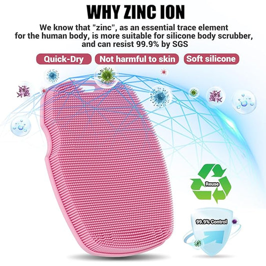 Silicone Body Scrubber - Anti Zinc Infused-Highly Elastic Bristles Exfoliating Body Scrubber for Shower Body,Cellulite Reduction,Blood Circulation - Pink
