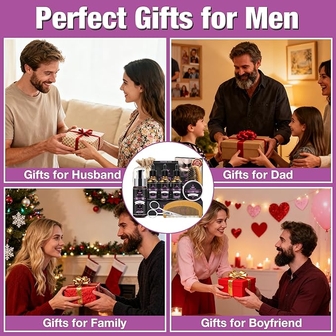 Boyfriend Birthday Gifts,Beard Care Kit Includes 3 Scented Beard Oil,Grapefruit Beard Shampoo & Balm, Brush, Comb,Scissors,Cool Men Stuff Christmas Stocking Stuffers Gifts for Men Him Dad Husband