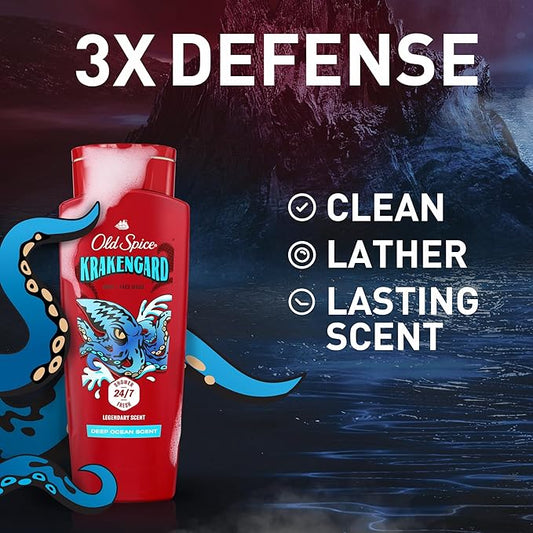 Old Spice Cleansing Body Wash for Men, 3X Defense, 24/7 Shower Fresh with Lasting Scent, 2-in-1 Body & Face Wash, Krakengard with Deep Ocean Scent, 24 oz (Pack of 4)