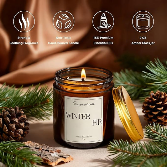 Fir Scented Candles for Home, Natural Soy Wax Aromatherapy Non Toxic Winter Fir Candle Gifts for Women Men, Home Fragrance Decoration Glass Jar Candle for Meditation and Relaxation (9oz)