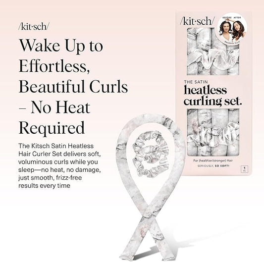 Kitsch Satin Heatless Curling Set – Heatless Curls Overnight with 34" Hair Curler & 2 Satin Scrunchies – Comfortable Hair Curlers to Sleep In for Frizz-Free, No Heat Damage Styling - Marble
