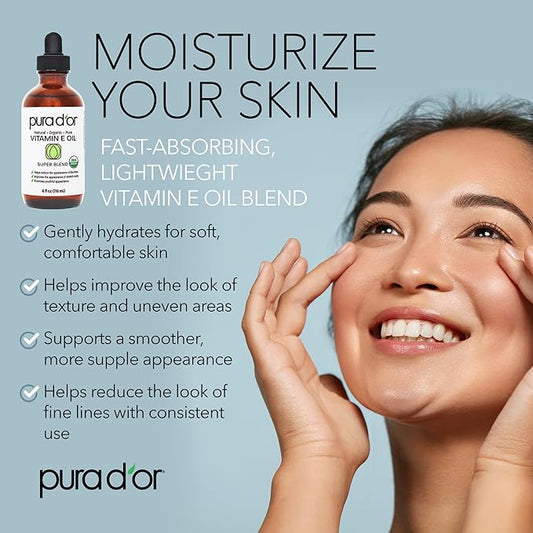 PURA D'OR 4 Oz Organic Vitamin E Oil – USDA Certified Face, Body, Hair & Bath Oil with Argan, Jojoba, Rosehip, Apricot, Almond & Avocado – Lightweight Moisturizing Blend for Soft, Smooth Skin