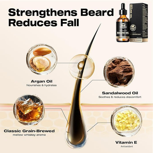 Waking Forest Sandalwood & Whiskey Beard Oil for Men - Biotin Mustache Oil with Vitamin E, Rosemary & Castor - Beard Care Softener, Strengthens, and Moisturizes - Beard Conditioner (2 oz)