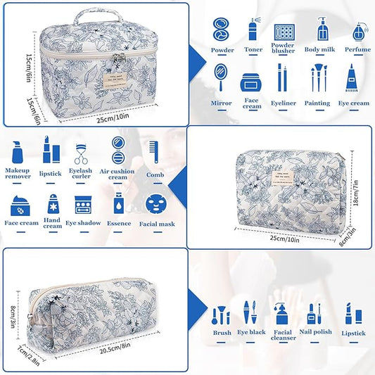 Makeup Bag Set, Quilted Floral Cosmetic Bags for Women, Cute Cotton Makeup Organizer, Travel Toiletry Bag Set (Navy Blue)