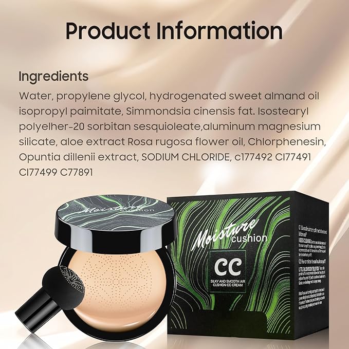 Mushroom Head Air Cushion CC Cream - BB Cream Foundation Makeup Moisturizing Concealer Long Lasting Waterproof With Powder Puff, Even Skin Tone (Buff Beige, Pack of 1)