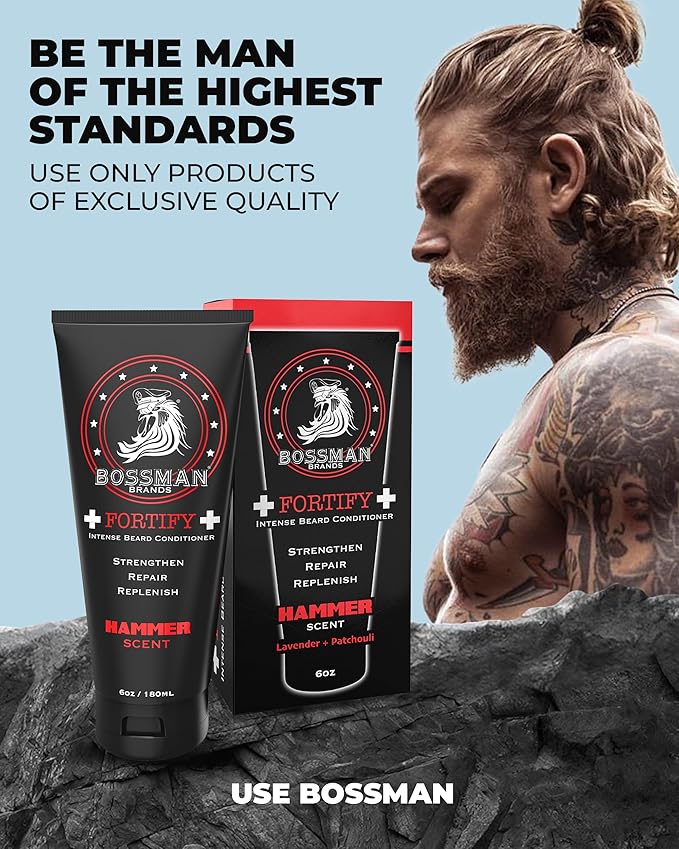 Bossman Fortify Intense Beard Conditioner for Men (Hammer Scent) – Moisturizes, Replenishes & Protects with Natural Ingredients – Thicker Formula, Made in USA