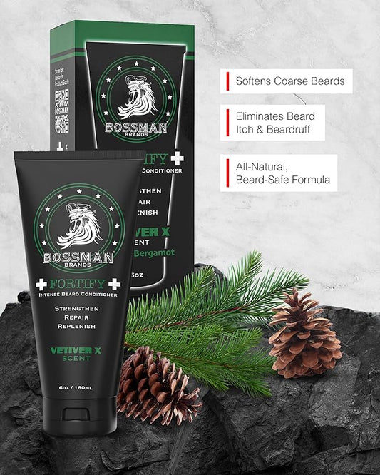 Bossman Fortify Intense Beard Conditioner for Men (Vetiver X Scent) – Moisturizes, Replenishes & Protects with Natural Ingredients – Thicker Formula, Made in USA