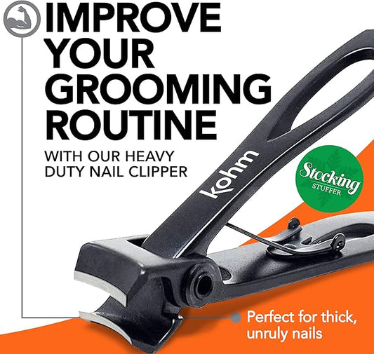 KOHM Nail Clippers for Thick Nails - Heavy Duty, Sharp Wide Mouth Professional Fingernail and Toenail Clippers for Men, Women & Seniors, Black