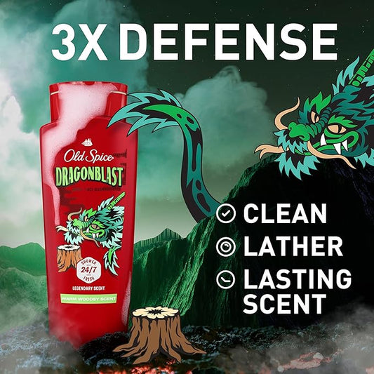 Old Spice Cleansing Body Wash for Men, 3X Defense, 24/7 Shower Fresh with Lasting Scent, 2-in-1 Body & Face Wash, Dragonblast Scent, 24 oz (Pack of 4)