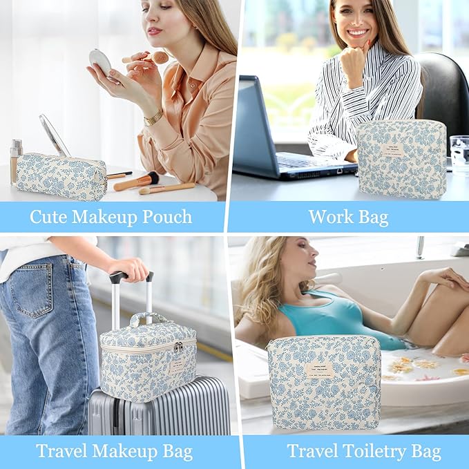 Makeup Bag Set, Quilted Makeup Bag, Large Floral Cosmetic Bag for Women, Cute Cotton Makeup Bags, Flower Travel Toiletry Organizer Bag (Blue Floer)