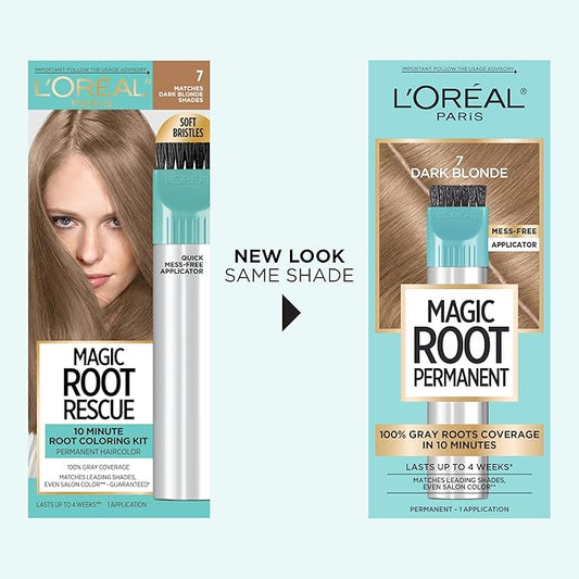 L'Oreal Paris Magic Root Rescue 10 Minute Root Hair Coloring Kit, Permanent Hair Color with Quick Precision Applicator, 100 percent Gray Coverage, 7 Dark Blonde, 1 kit (Packaging May Vary)