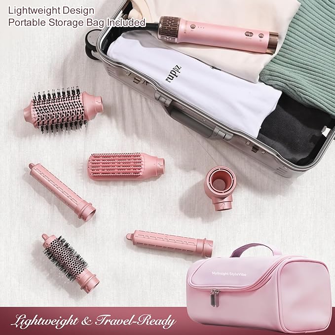Dual Voltage StyleVibe 6-in-1 Air Styler, Hair Dryer & Blow Dryer Brush with Travel Case - Auto Wrap Curls (L/R), Fast Drying, Thermal Brush for Blowouts & Frizz-Free Volume, No Heat Damage