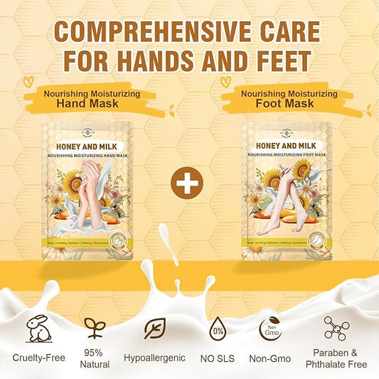 18 Pairs Moisturizing Hand & Foot Masks with Honey, Milk, Vitamin E & Glycerin, Intensely Hydrating Foot Mask for Dry Cracked Feet, Moisturizing Socks for Cracked Heel Treatment