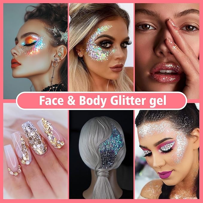 14 Colors Body Glitter,Face Glitter Makeup for Kids Women,Sparkly Chunky Hair Glitter for Eye Lip Nails,Mardi Gras Glitter Makeup Face Paint,Singer Concerts Disco Rave Festival Accessories-Hallowmas