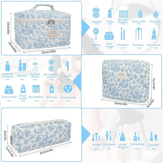 Makeup Bag, Large Quilted Cosmetic Bag, Big Floral Make Up Bag for Women Girls, Cute Cotton Makeup Bag Set, Flower Travel Toiletry Organizer Bag (Blue Flower)