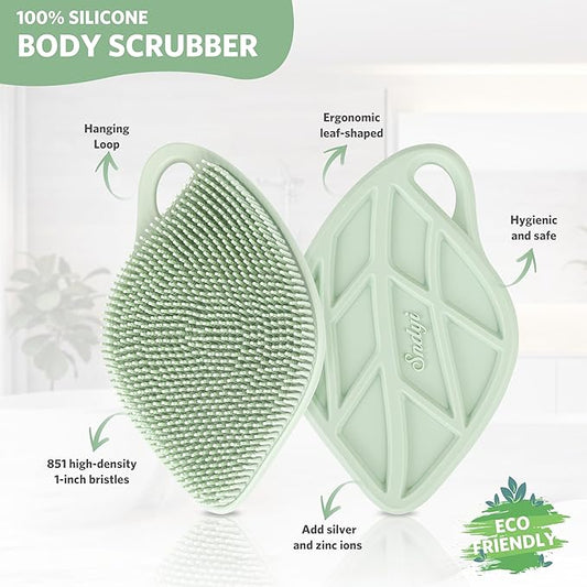 Sndyi Silicone Body Scrubber, Gentle Exfoliating Body Scrubber for Sensitive Skin, Leaf Shaped Shower Scrubber for Body with Lathering Bristles, Silicone Loofah Body Brush for Showering, Green