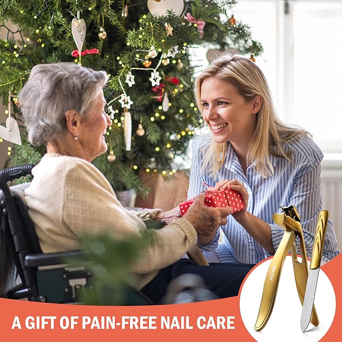 BEZOX Ergonomic Angled Head Thick Toenail Clipper for Seniors - Large Nail Clippers for Thick and Ingrown Nails with Metal Nail File, Premium Nail Cutter Fingernail Clipper for Men and Women - Golden