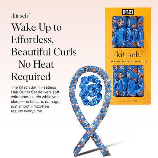 BT21 x Kitsch Satin Heatless Hair Curler Set - Heatless Curls Overnight, Hair Rollers for Soft Curls & Frizz-Free Styling, No Heat Curlers To Sleep in, Curling Rod Headband for Overnight Curl - BT21