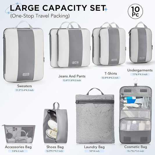 10 Set Compression Packing Cubes for Travel Essentials,Compressible Expandable Packing Cubes for Suitcase,OlarHike Luggage Organizer Bags for Travel,Handy Helper for Organizing Clothes(Gray)