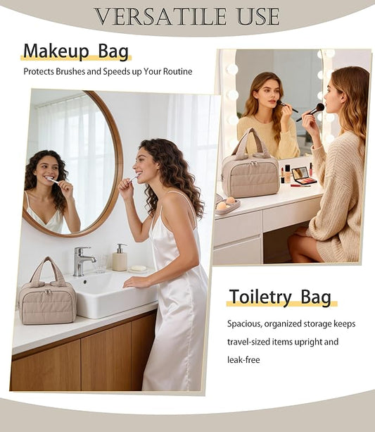 Travel Toiletry Bag for Women, Large Wide-open Puffy Cosmetic Makeup Bag with Wet-Dry Separation, Multi-Pocket Organizer with Carry Handle for Toiletries, Cosmetics, Essentials, Camel