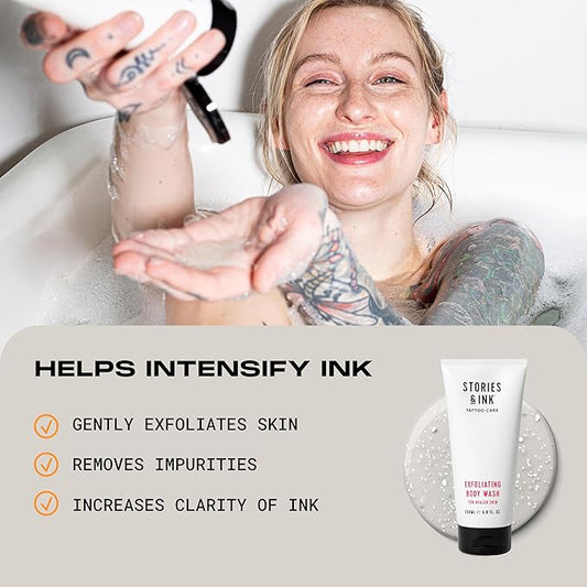 Stories & Ink Tattoo Aftercare | EXFOLIATING BODY WASH - Body Scrub Removes Dead & Dull Skin, Brightens Healed Tattoos, 200 mL / 6.8 Fl Oz