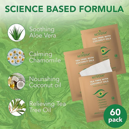NOVEHA 60PCs Tea Tree & Coconut Oil Eyelid & Lash Wipes - For Demodex, Blepharitis & Itchy Eyes, Individually Wrapped Eyelash Wipes With Aloe Vera, Natural Makeup Remover & Daily Eye Cleanser