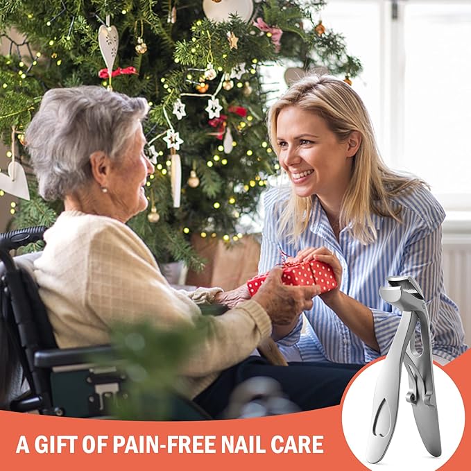 BEZOX Angled Head Nail Clippers for Seniors - Ergonomic Toenail Clipper for Thick Nails, Premium Steel Nail Cutter Trimmer with Catcher for Men and Women - Silver